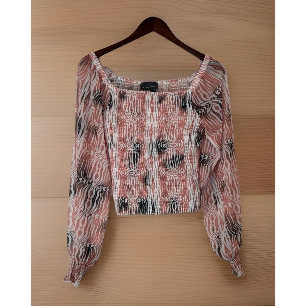 Anthropologie Pink/ White Smocked Crop Top XS Boho Peasant Puff Sleeve Blouse - Picture 2 of 8